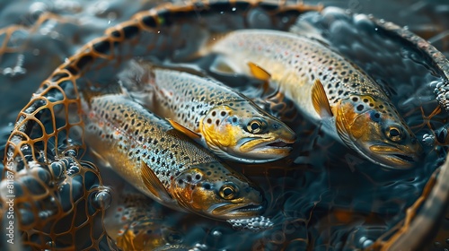 A fish piqued in a fishing net is spotted up in-depth over its outer layer of the water by trout fishermen using coopnets exquisite shot and space, Generative AI.