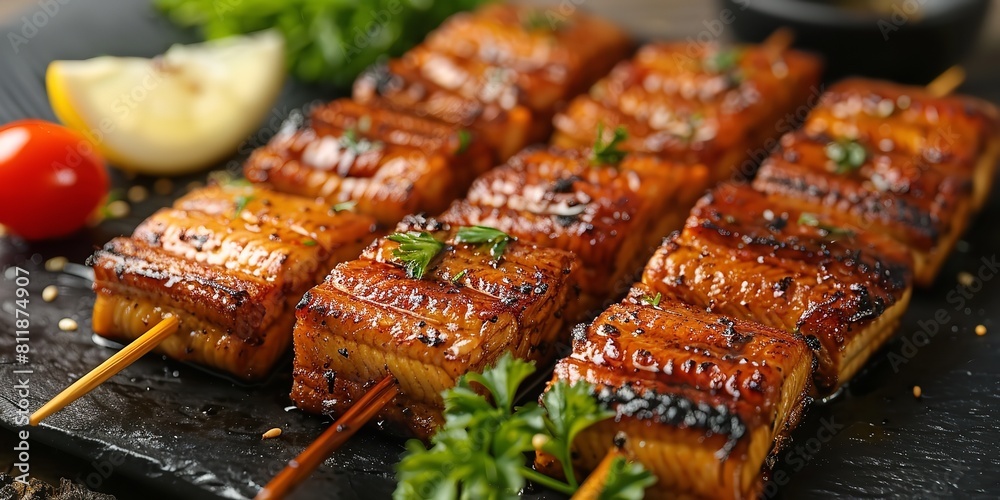 Top view of a plate of Japanese grilled eel brochette over a clean white surface and big space for text or product advertisement background, Generative AI.