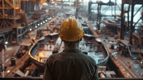 A man in a hard hat looking out over a shipyard.