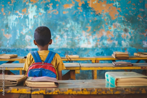 A boy in a classroom with books and backpack. © VISUAL BACKGROUND