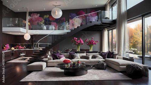 Upscale greatroom.  with floor to celing windows with sheer curtains. sleek modern furniture in netural tones and ultra modern kitchen. Floating staircase to second floor. Fesh vibrant flowers in vase photo