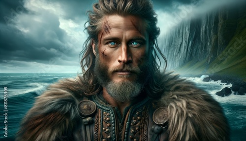 Viking warrior, intense eyes, twilight backdrop