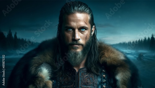 Viking warrior, intense eyes, twilight backdrop photo