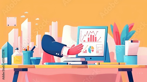 Vibrant Illustration of a Business Banker's Dynamic Work Environment: Financial Analysis and Client Communication