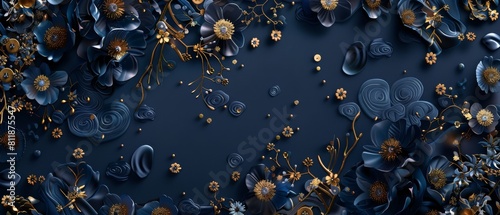 3D render of a dark blue floral pattern with golden elements ( kitchen glass)