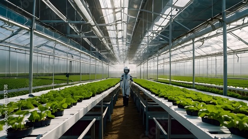 Robotic agriculture in a vast, futuristic greenhouse