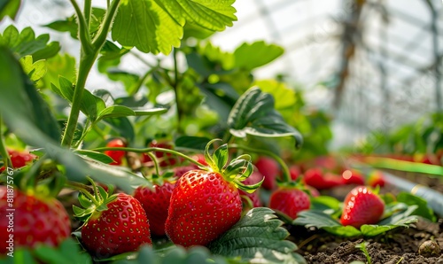 Strawberries growing in a greenhouse.