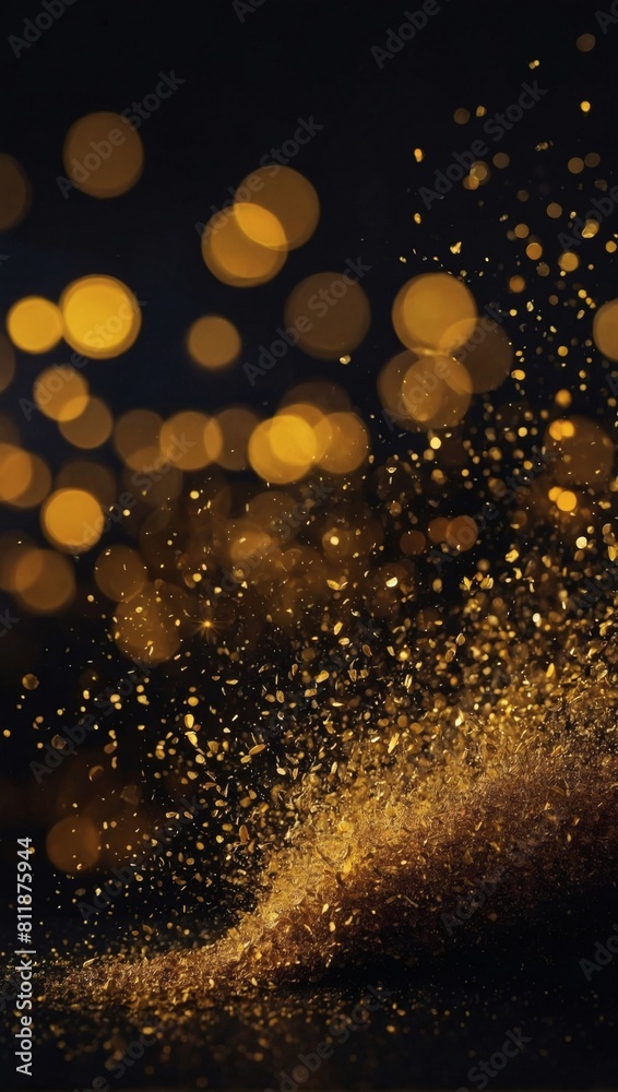 Mesmerizing gold dust dances upon a backdrop of deepest black, evoking an abstract sense of magic.