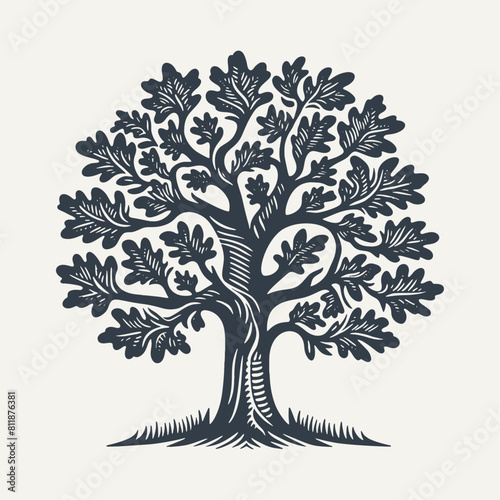 Oak Tree. Woodcut engraving style vector illustration.