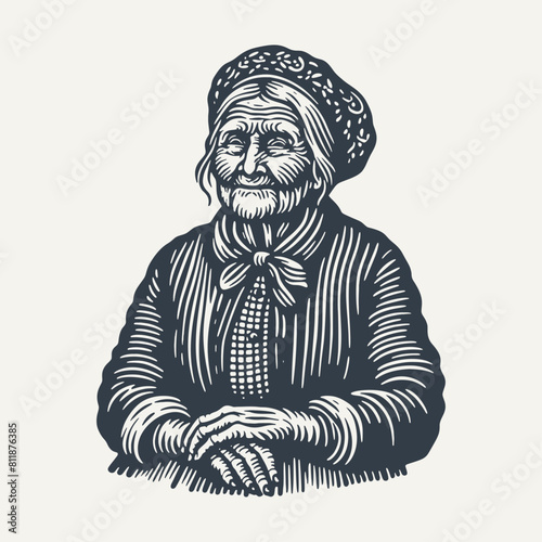 Old Lady Grandma. Woodcut engraving style vector illustration. photo