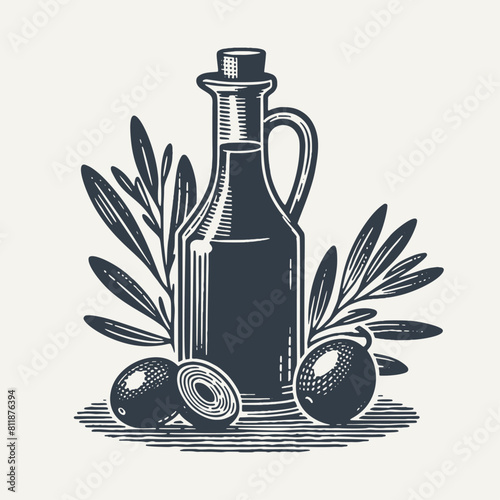 Olive oil in a glass pitcher. Woodcut engraving style vector illustration.
