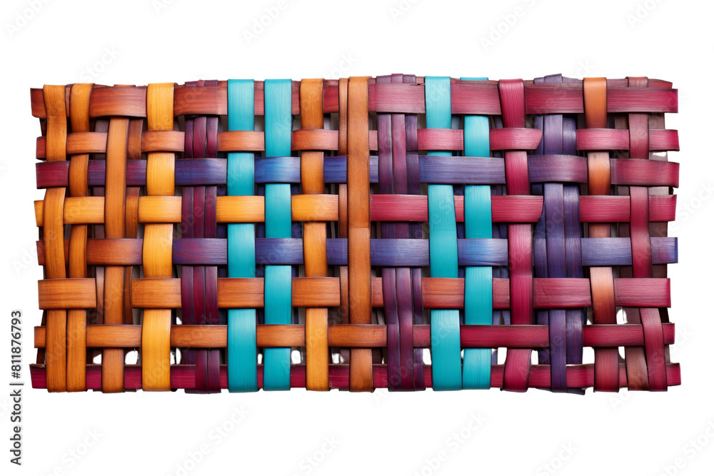 Obraz premium A colorful woven piece of art with a blue and green stripe. The colors are bright and cheerful, and the design is intricate and detailed. The piece seems to be made from natural materials