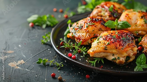 A black kitchen top setting with delectable browned roast chicken thighs marinated with greenish herbs and deployed over a black platter and space, Generative AI.