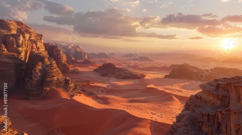 A vast desert landscape with towering red sand dunes bathed in the warm glow of the midday sun.