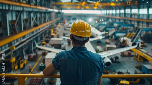 A man in a hard hat looking out over an airplane factory.
