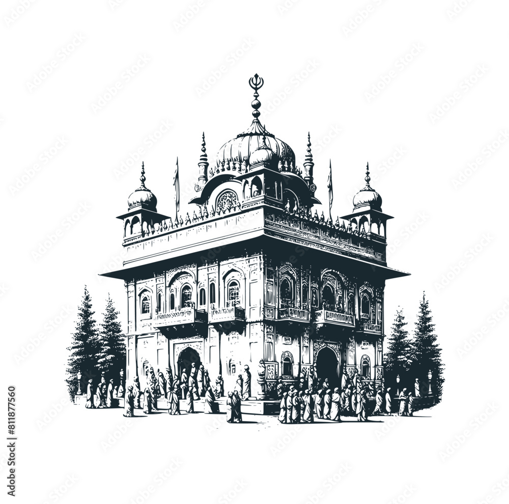 The amritsar temple. Black white vector illustration.