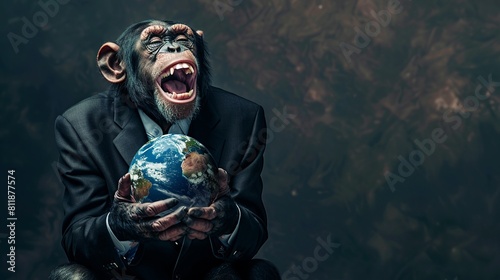 a chimpanzee holds the planet earth in her hands and laughs a lot, wear a suit photo