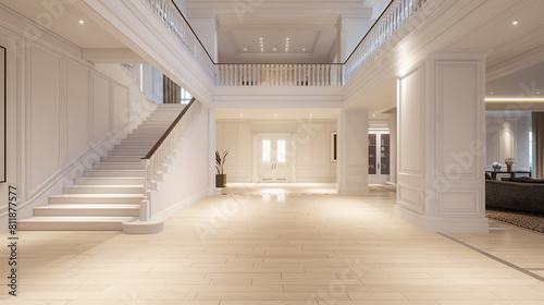 Luxurious entrance with an opal white staircase large front door and wide light hardwood floors extending to a high ceiling Clean minimalist elegance