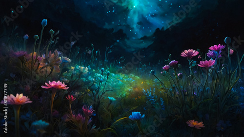 fantasy, forest, flower, magic, night, garden, background, moon, fairy, landscape, dreamy, pink, nature, tree, holiday, green, fairytale, floral, fog, moonlight, leaves, wood, love, abstract, way, bio