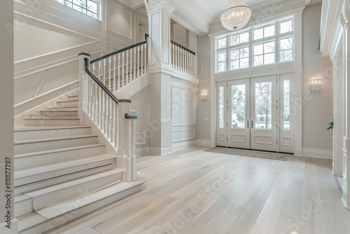 Luxurious home entry with a pearl white staircase expansive front door and light hardwood flooring extending to an elevated ceiling Clean sophisticated look