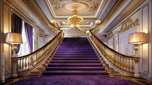 Luxurious mansion foyer with amethyst purple carpeted stairs flanked by ornate golden balusters and a detailed plaster ceiling The lighting is elegantly diffused through silk lampshades photo