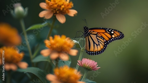 A majestic orange monarch butterfly perched delicately on a blooming flower  © Azadar