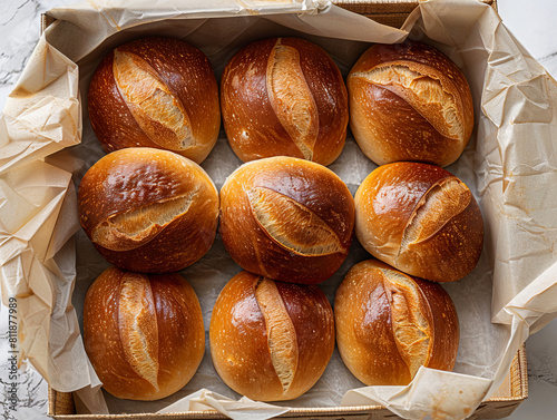 Six rolls of bread in a box. photo