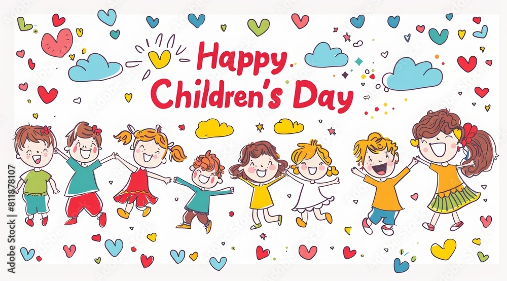 Happy Children's Day. children of all ages with happy faces smiling and laughing, cartoon characters with cute clouds in the background in the style of hand drawn illustrations. 