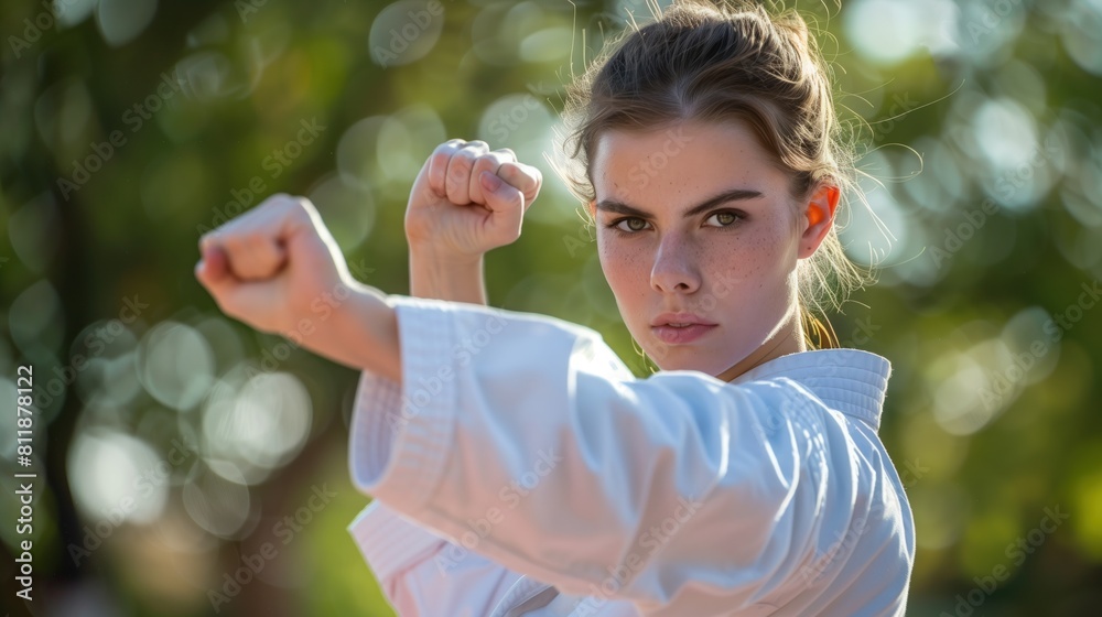 White woman practicing karate sport, person is focused and enjoying the sport, sports photography, generative ai White woman practicing karate sport, person is focused and enjoying the sport, sports photography, generative ai