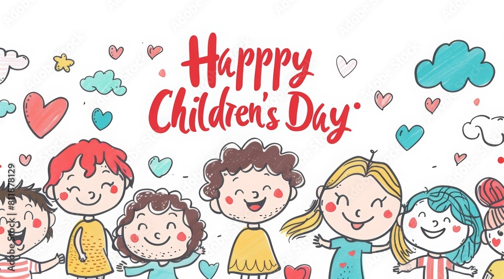 Happy Children's Day. children of all ages with happy faces smiling and laughing, cartoon characters with cute clouds in the background in the style of hand drawn illustrations. Happy Children's Day. children of all ages with happy faces smiling and laughing, cartoon characters with cute clouds in the background in the style of hand drawn illustrations.