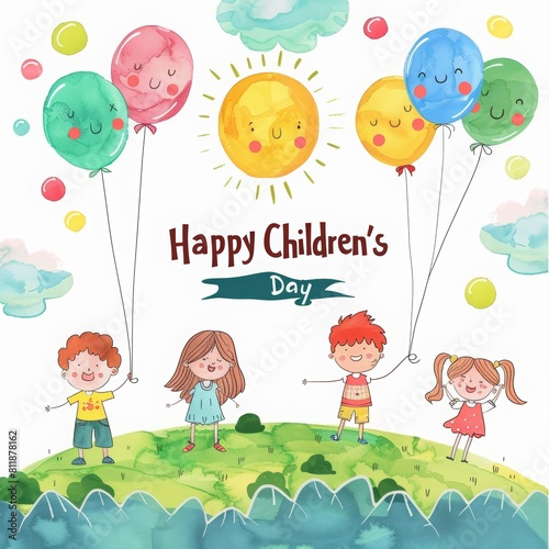 Happy Children's Day, children holding balloons on the green earth with clouds and sun in the background, colorful balloons, cartoon style, cute boy and girl playing happily together, watercolor paint