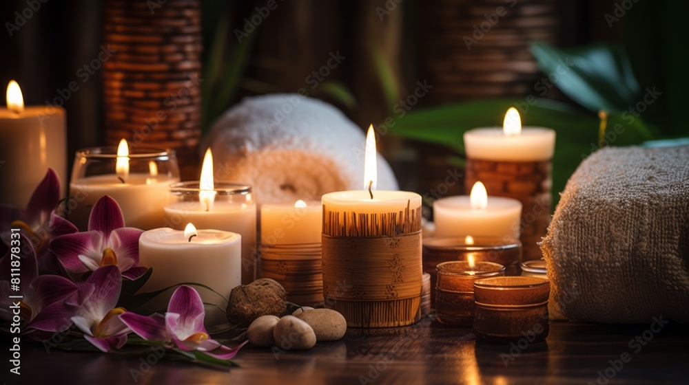 Relaxing spa set up. Spa composition with candels and stones. Set up with essential oils. Aroma candles in jungle spa. Aromatherapy items. Spa accessory composition set in spa hotel Relaxing spa set up. Spa composition with candels and stones. Set up with essential oils. Aroma candles in jungle spa. Aromatherapy items. Spa accessory composition set in spa hotel
