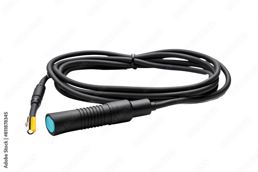 A black cable with a blue light on it. The cable is connected to a device A black cable with a blue light on it. The cable is connected to a device
