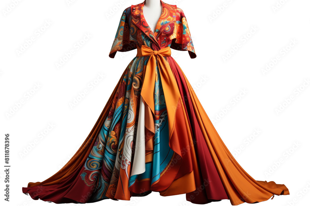 A long orange and blue dress with a red bow. The dress is very long and has a lot of detail A long orange and blue dress with a red bow. The dress is very long and has a lot of detail