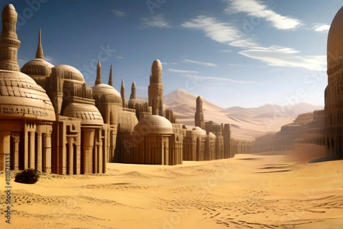 Oasis and Middle Eastern-style buildings flowing through the mysterious sand and salt desert