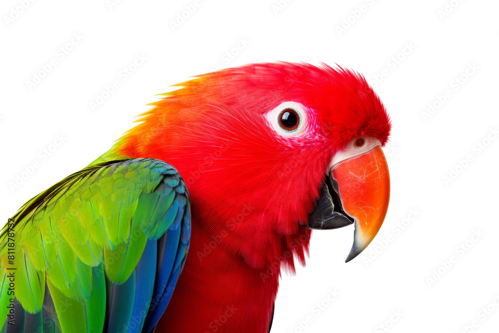 A colorful parrot with a red beak and green and blue feathers. The bird is looking directly at the camera