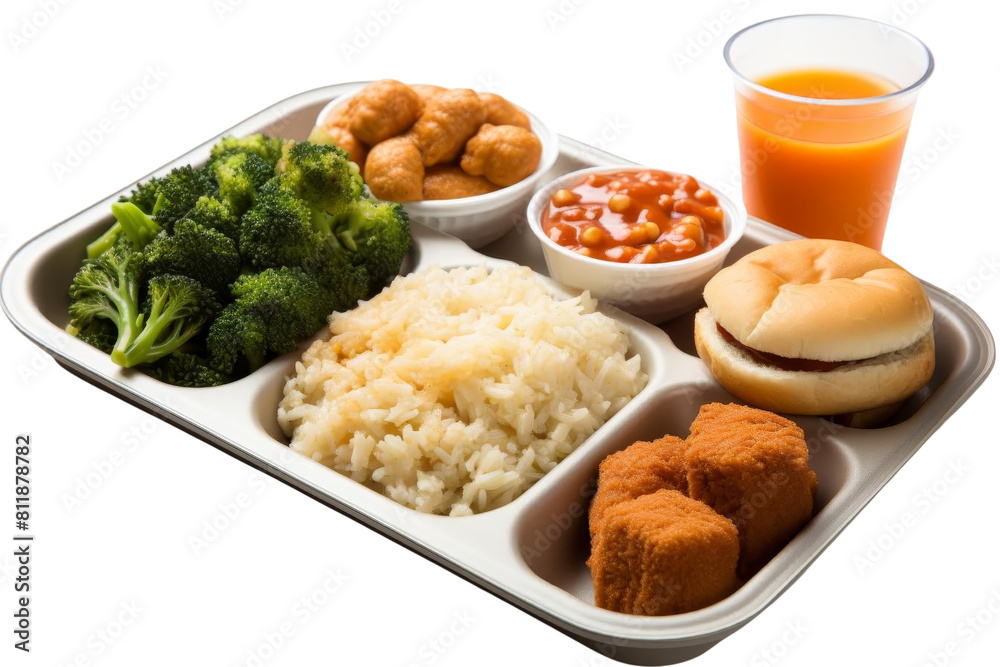A tray of food with a cup of orange juice. The food includes rice, broccoli, and chicken A tray of food with a cup of orange juice. The food includes rice, broccoli, and chicken