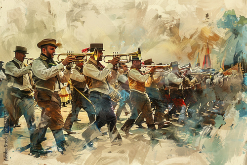 Dynamic depiction of a historical battle scene with soldiers in combat, portrayed in a vibrant, expressive style. photo