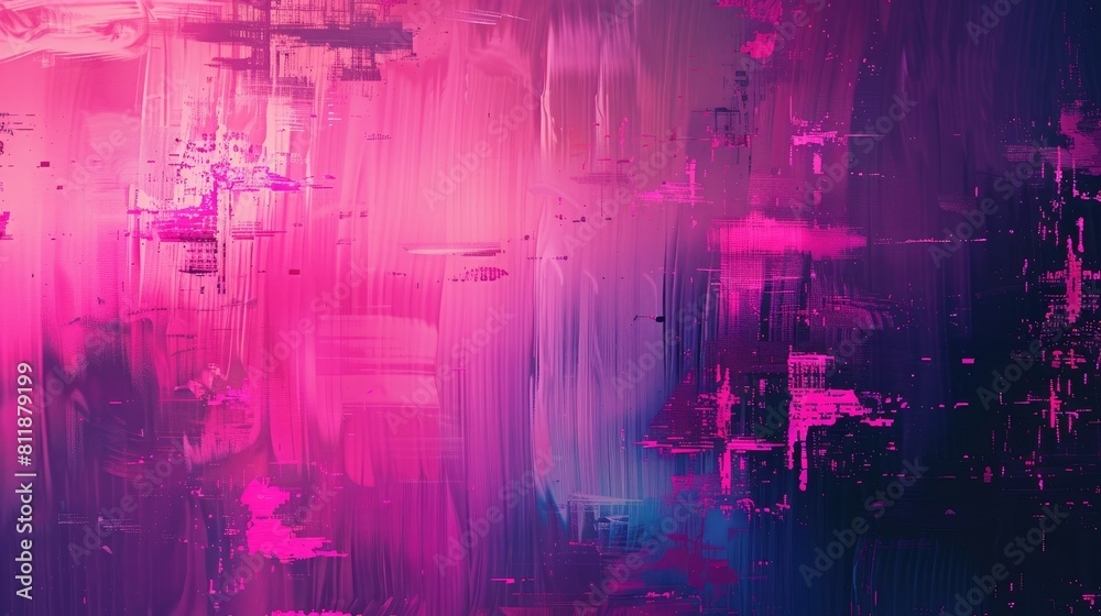 Abstract digital glitch background with purple and pink glowing elements
