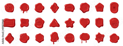 Red wax seal stamp, certificate seals. Realistic wax medallion signature stamps set.