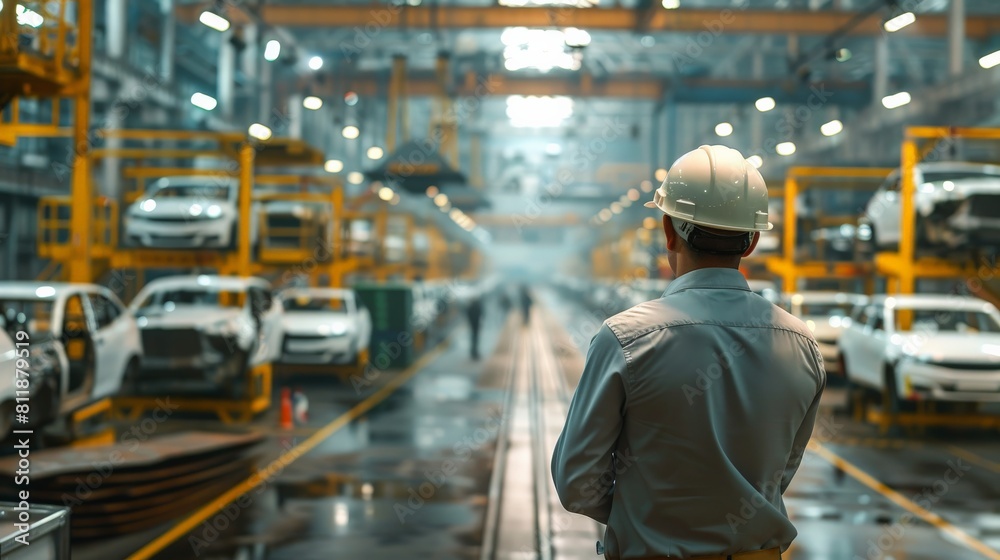 A worker in a hard hat looks out over an automobile factory.EV electric car, automotive industry