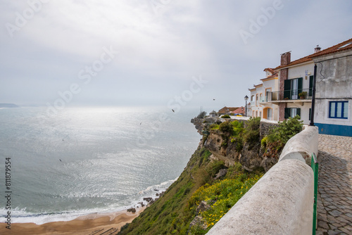 Upper part of the town of Nazaré and the Atlantic ocean in Portugal, copy space