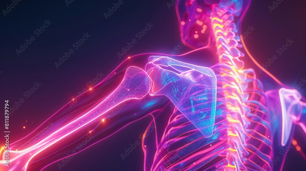 A visually striking synthwavethemed Xray of a shoulder joint, emphasizing the athletes stress points against a backdrop of glowing neon lines and vertebrae clarity A visually striking synthwavethemed Xray of a shoulder joint, emphasizing the athletes stress points against a backdrop of glowing neon lines and vertebrae clarity
