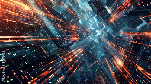 Futuristic Cityscape with Neon Lights and Digital Elements in Motion 