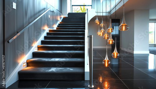 Modern home foyer with charcoal gray carpeted stairs accented by a sleek steel banister and a polished black floor A series of small pendant lights adds a contemporary touch