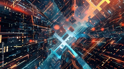 Futuristic Cityscape with Neon Lights and Digital Elements in Motion
