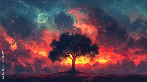 Dreamy Pastel Sky Silhouette with Hearts and Moons Tree