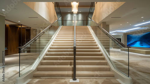 Modern mansion entry with almond carpeted stairs highlighted by a sleek glass railing and a dramatic LED light installation overhead The clean lines create a striking contemporary look