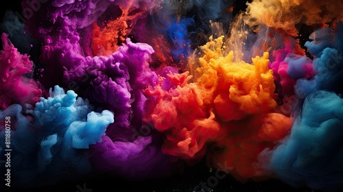 Explosive bursts of vibrant hues against a dark background, creating a dramatic and dynamic effect. © dimas