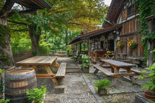 Charming rustic outdoor café set in a lush garden, with wooden tables and benches inviting relaxation.